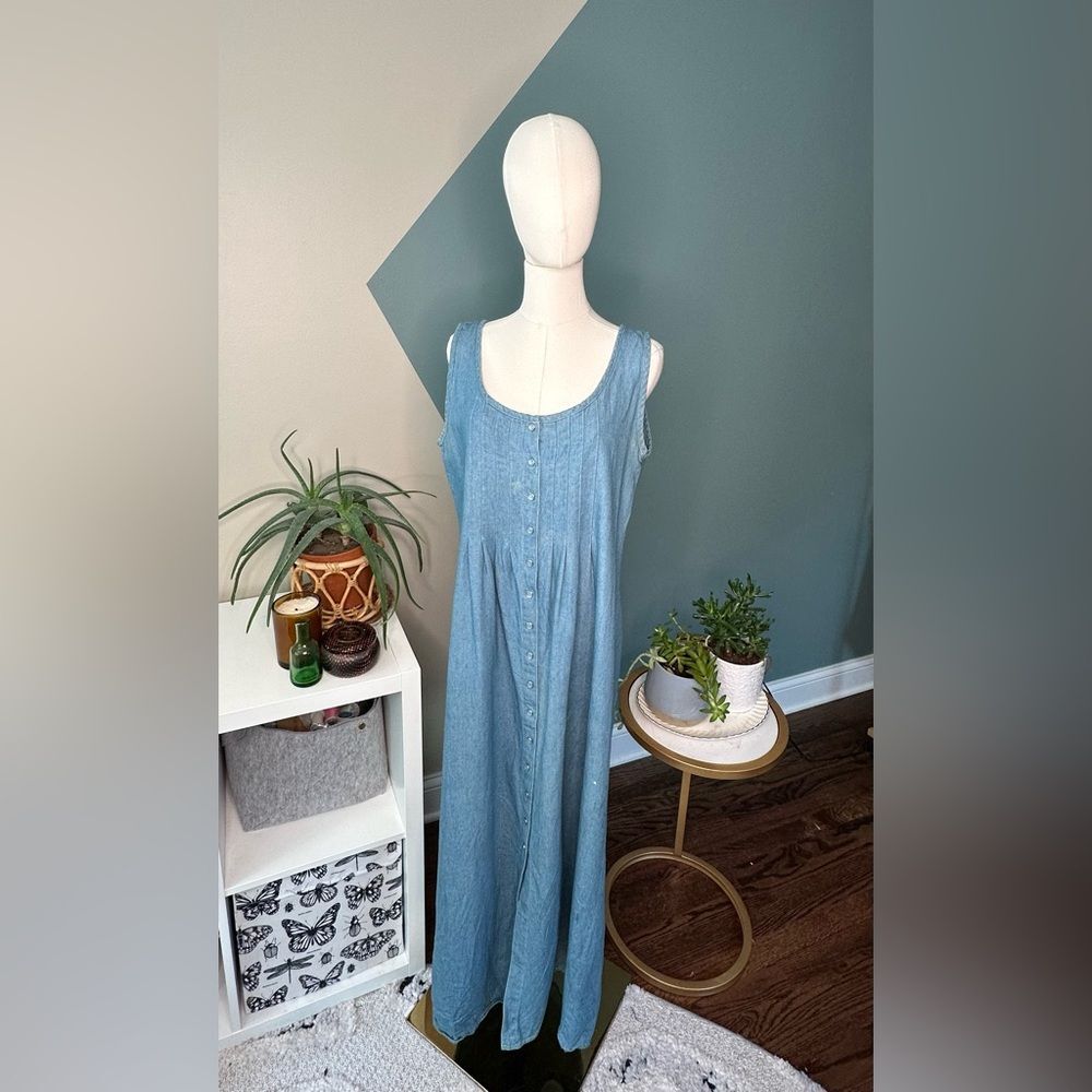 Vintage 90s Robbie Bee Chambray Tank Maxi Dress Button Front | Size 8 - Picture 2 of 12